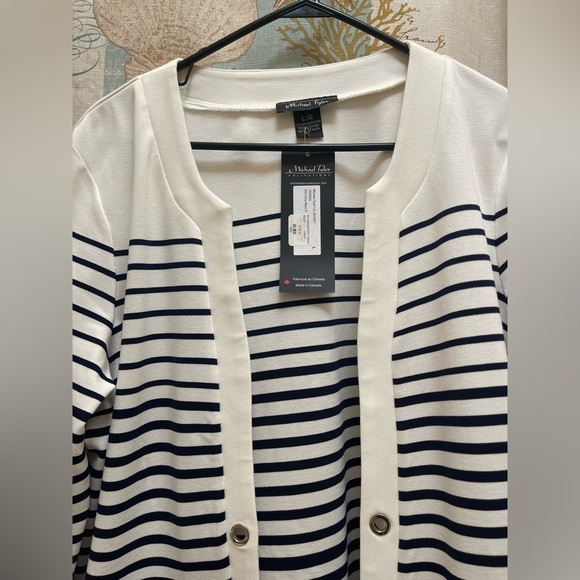 New Michael Tyler Womens Open Cardigan Navy Blue Ivory Striped Office Style Lg - Picture 4 of 10